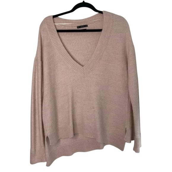 Zara Chevron Knit Sweater Pullover V-neck Asymmetrical Hem Long Sleeve Pink - Picture 2 of 16